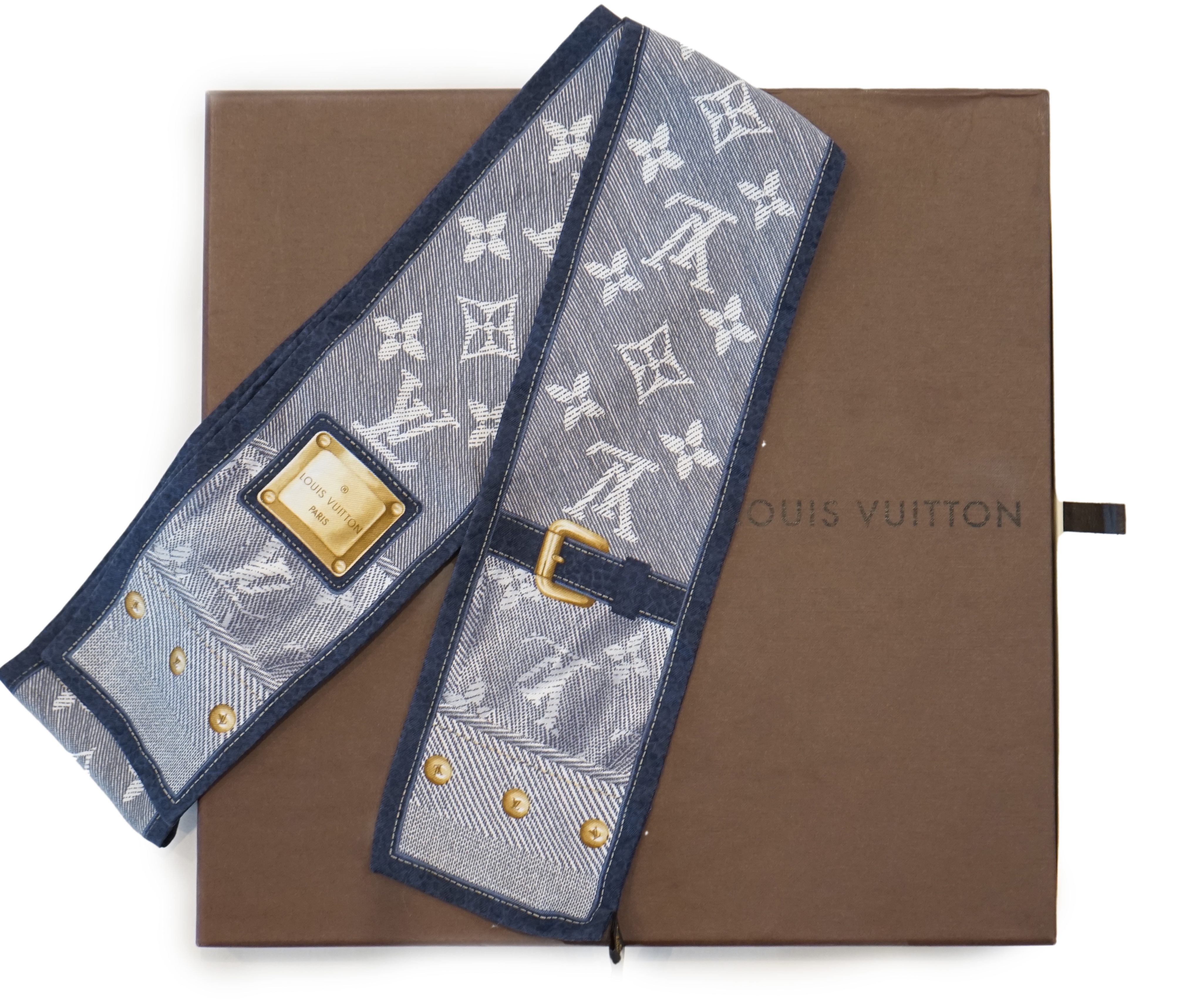 A Louis Vuitton Paris Monogram Ebene silk denim bandeau scarf, 114cm x 8cm